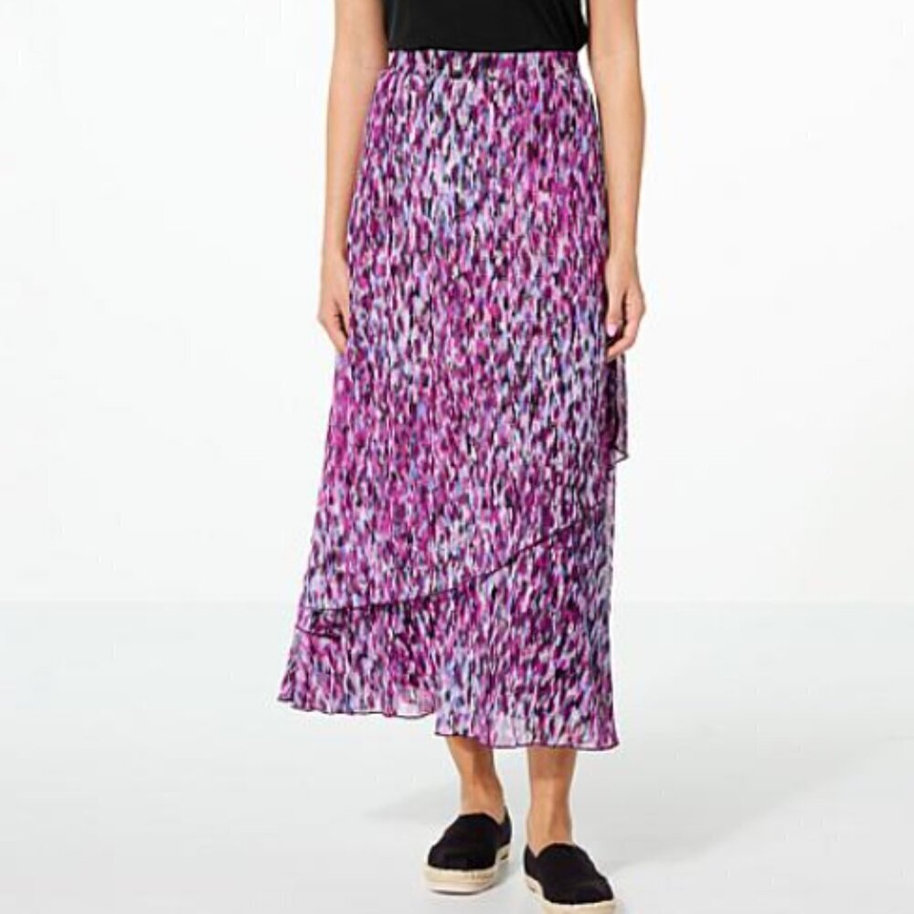 Antthony Tropical Floral Print Mesh Stretch Skirt Pull On Faux Wrap Tiered 1X
